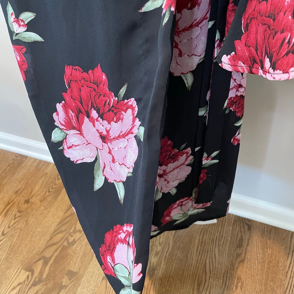 Lulus Romantic Blooms Black Floral Midi Wrap Dress Sz M Plunging Neck Black Pink - Picture 12 of 16